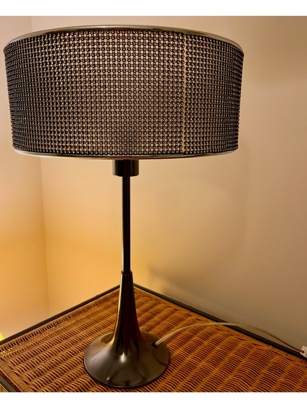 Stunning dark gray metal Drum Table Lamp, crystal like sparkly stones shade